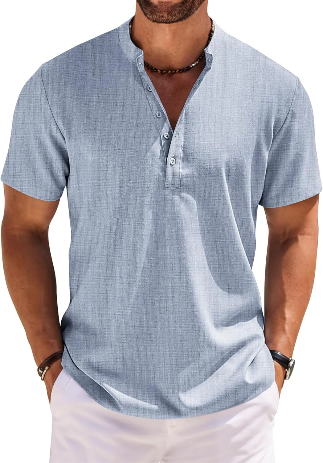 COOFANDY Men's Short Sleeve Henley Shirts Casual Collarless Shirt Band Collar Henley Summer Beach Henley T-Shirt