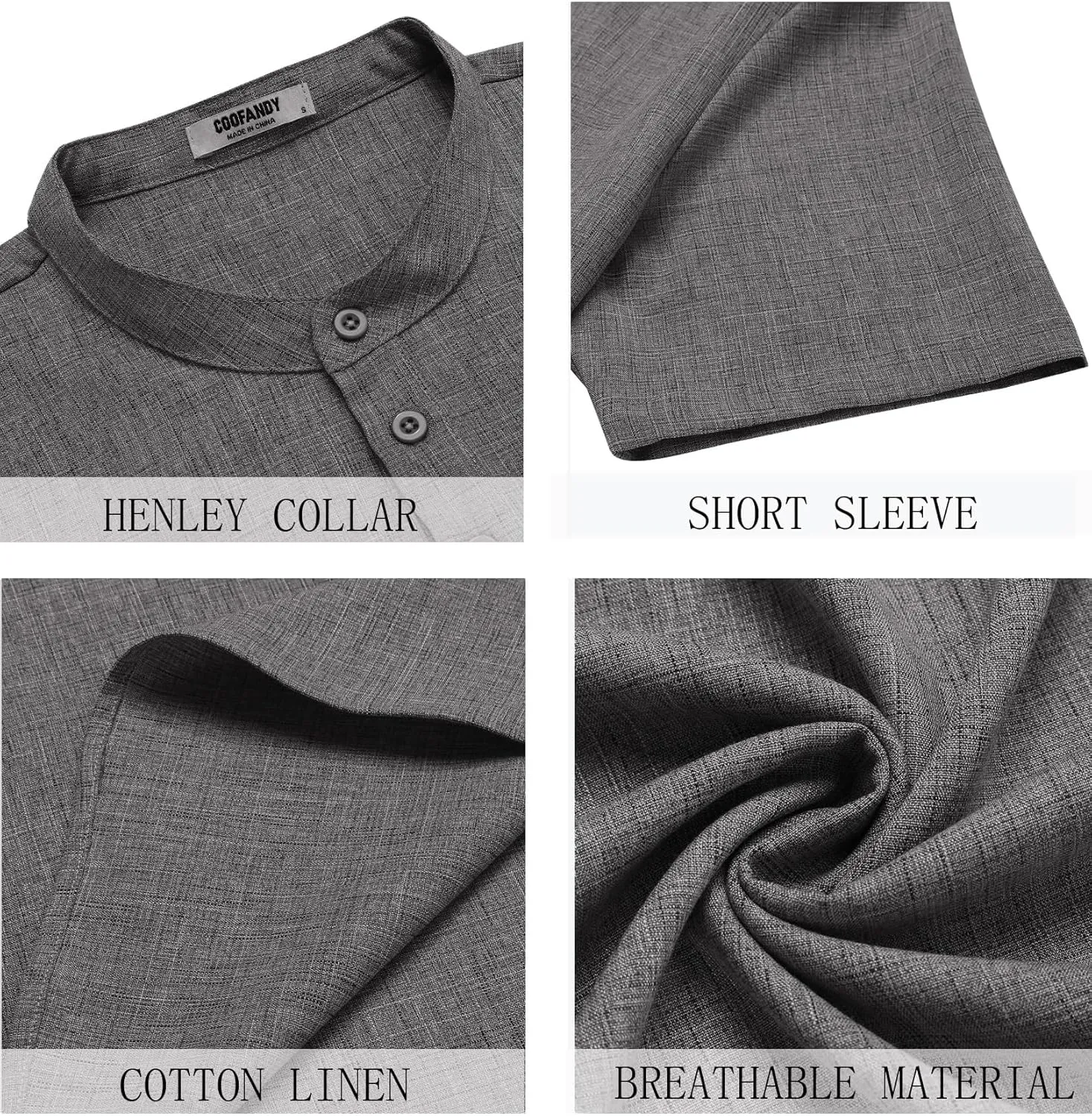 COOFANDY Men's Short Sleeve Henley Shirts Casual Collarless Shirt Band Collar Henley Summer Beach Henley T-Shirt