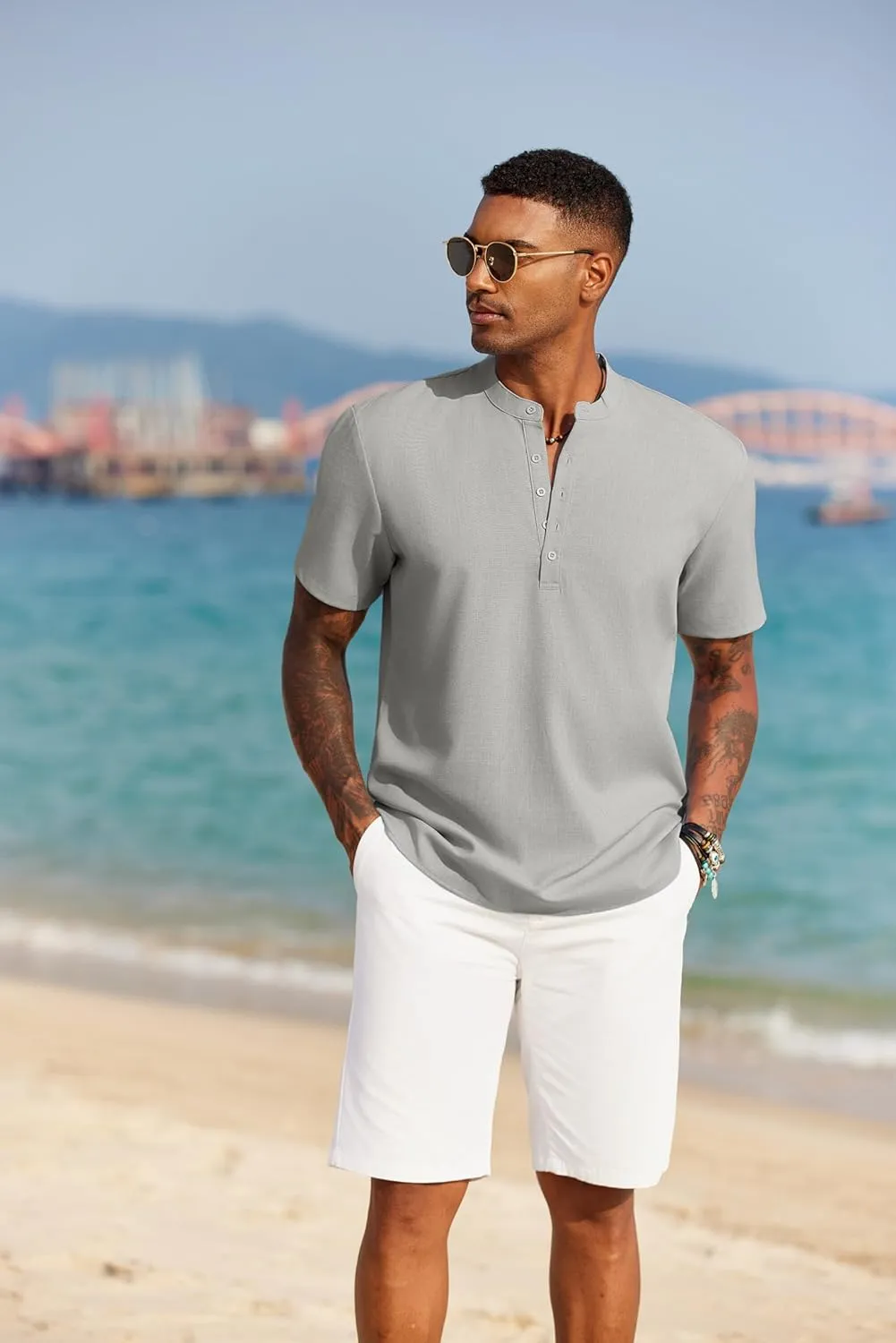 COOFANDY Men's Short Sleeve Henley Shirts Casual Collarless Shirt Band Collar Henley Summer Beach Henley T-Shirt