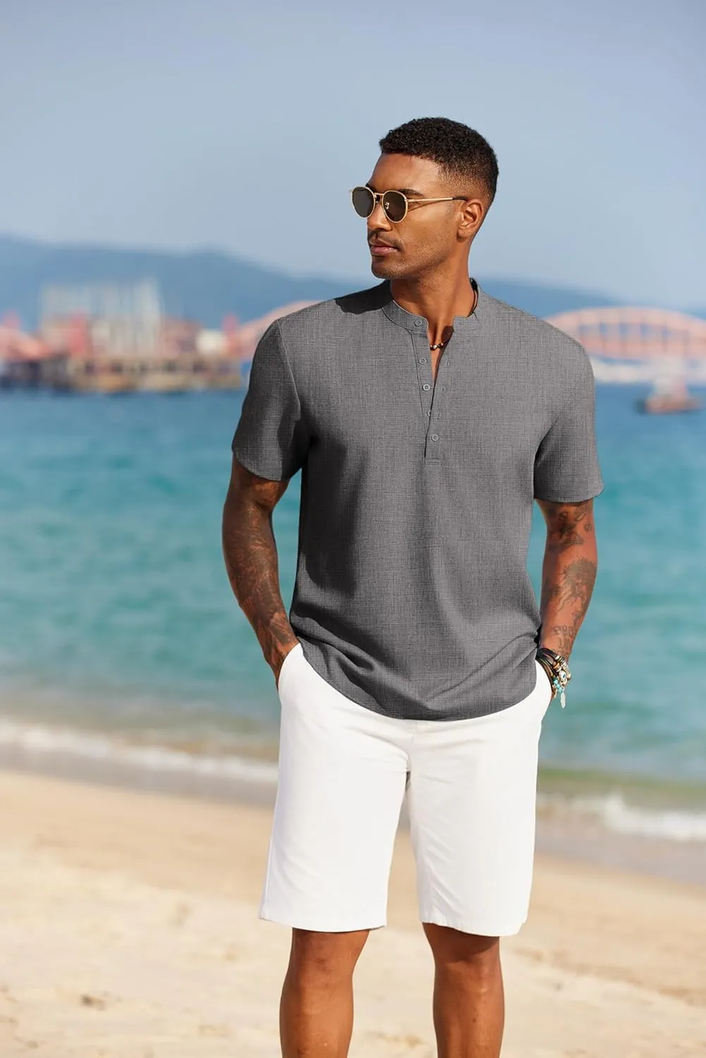 COOFANDY Men's Short Sleeve Henley Shirts Casual Collarless Shirt Band Collar Henley Summer Beach Henley T-Shirt