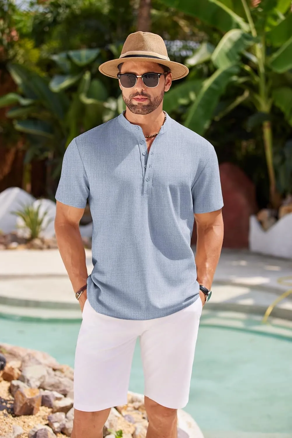 COOFANDY Men's Short Sleeve Henley Shirts Casual Collarless Shirt Band Collar Henley Summer Beach Henley T-Shirt