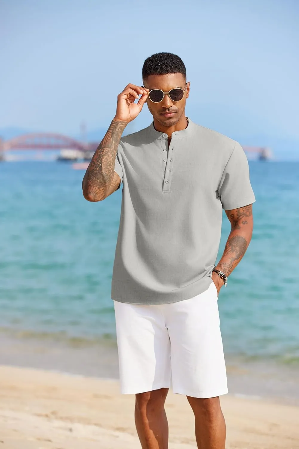 COOFANDY Men's Short Sleeve Henley Shirts Casual Collarless Shirt Band Collar Henley Summer Beach Henley T-Shirt