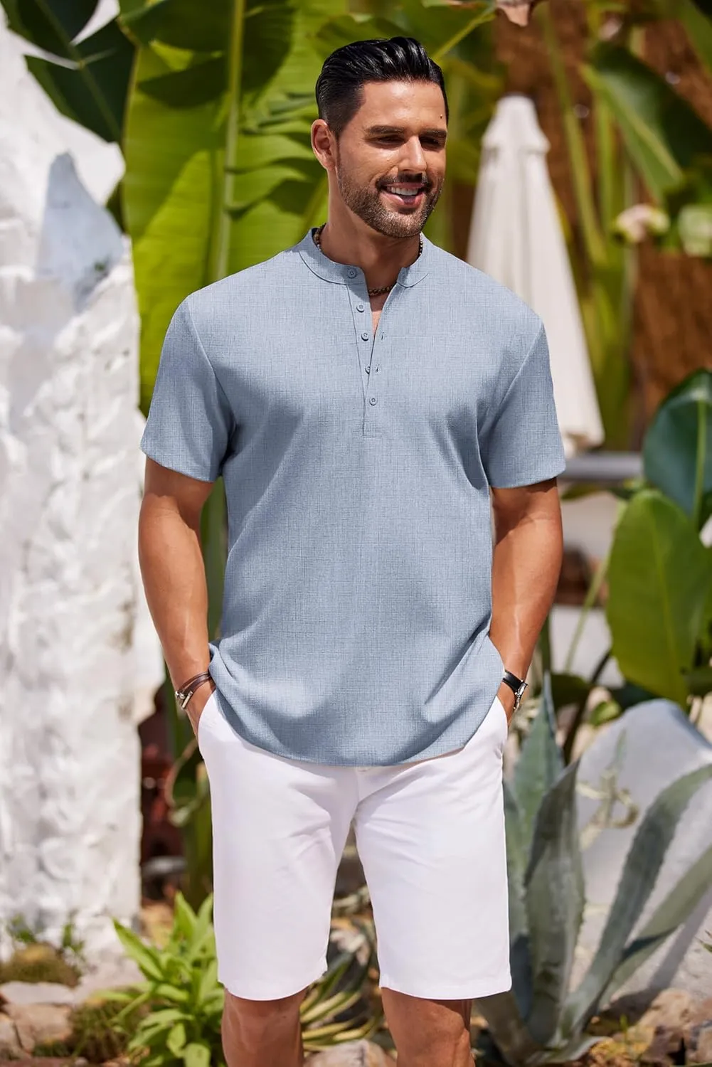 COOFANDY Men's Short Sleeve Henley Shirts Casual Collarless Shirt Band Collar Henley Summer Beach Henley T-Shirt