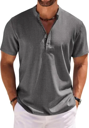 COOFANDY Men's Short Sleeve Henley Shirts Casual Collarless Shirt Band Collar Henley Summer Beach Henley T-Shirt