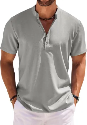 COOFANDY Men's Short Sleeve Henley Shirts Casual Collarless Shirt Band Collar Henley Summer Beach Henley T-Shirt