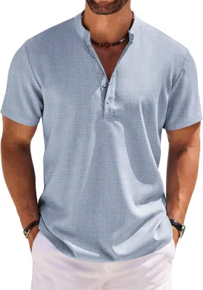 COOFANDY Men's Short Sleeve Henley Shirts Casual Collarless Shirt Band Collar Henley Summer Beach Henley T-Shirt