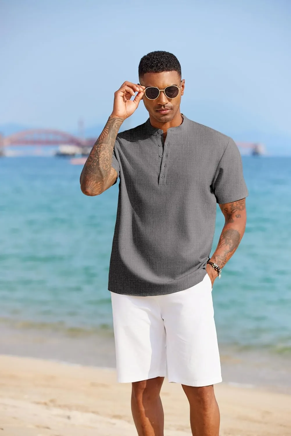 COOFANDY Men's Short Sleeve Henley Shirts Casual Collarless Shirt Band Collar Henley Summer Beach Henley T-Shirt