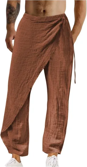 Cotton Linen Pants Mens Loose Casual Straight Legs Beach Yoga Pants Comfy Soft Trousers with Elastic Waist Drawstring