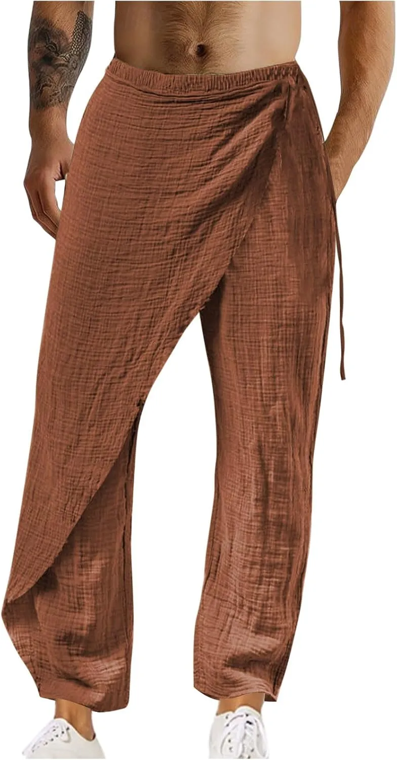 Cotton Linen Pants Mens Loose Casual Straight Legs Beach Yoga Pants Comfy Soft Trousers with Elastic Waist Drawstring
