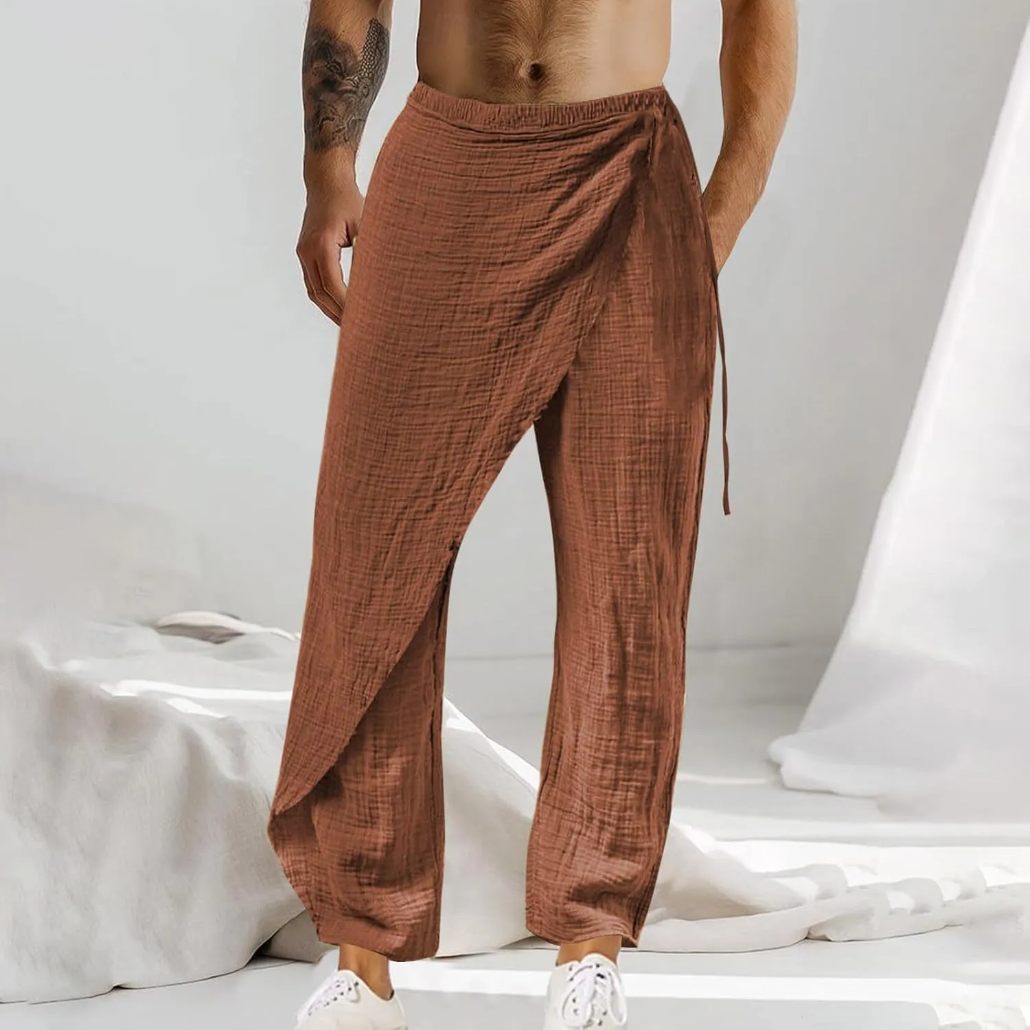 Cotton Linen Pants Mens Loose Casual Straight Legs Beach Yoga Pants Comfy Soft Trousers with Elastic Waist Drawstring