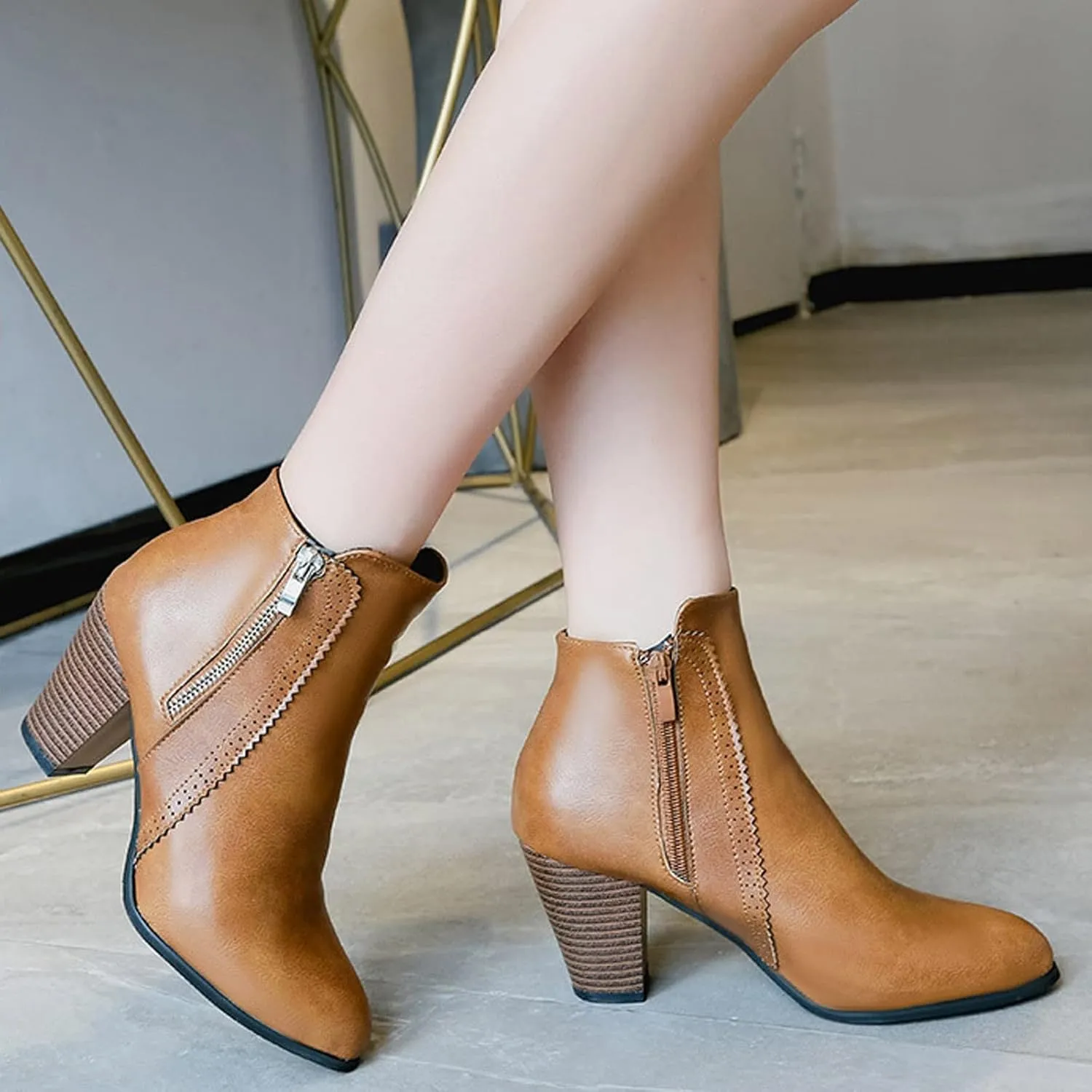 Cowboy Boots for Women with Heel Wedges Ankle Booties Retro V Cutout Comfy Short Boots Flock Zip Closure Stacked Chunky Block Heels Shoes 52