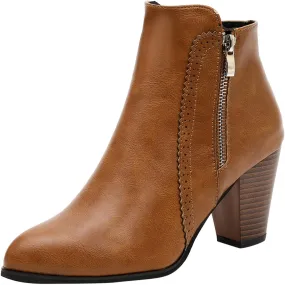 Cowboy Boots for Women with Heel Wedges Ankle Booties Retro V Cutout Comfy Short Boots Flock Zip Closure Stacked Chunky Block Heels Shoes 52