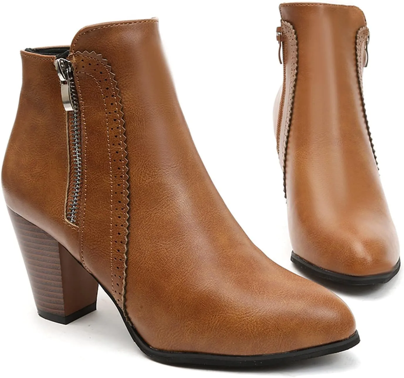 Cowboy Boots for Women with Heel Wedges Ankle Booties Retro V Cutout Comfy Short Boots Flock Zip Closure Stacked Chunky Block Heels Shoes 52