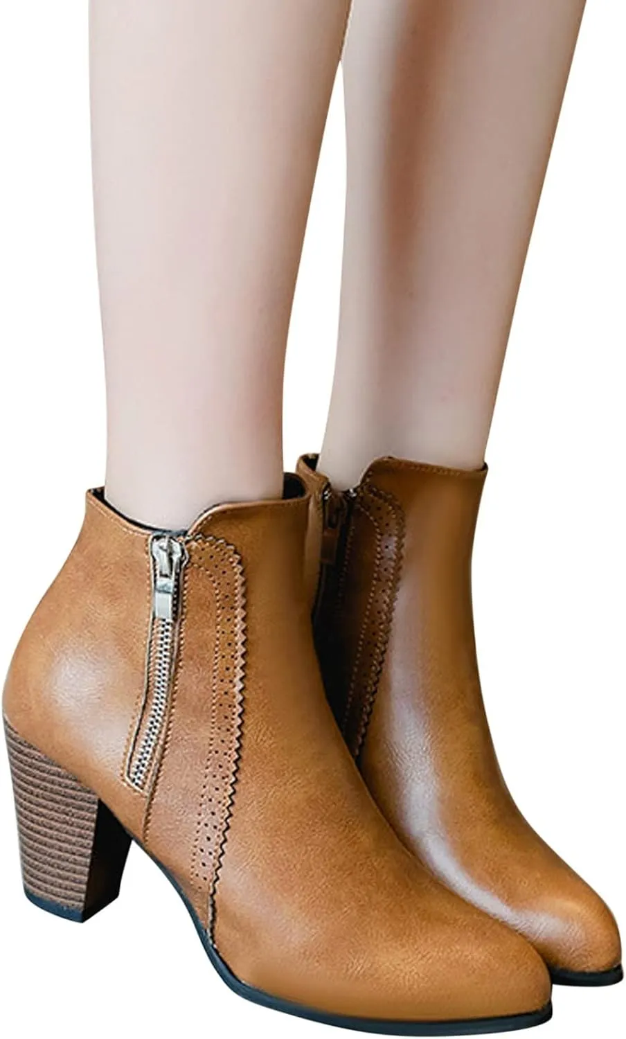 Cowboy Boots for Women with Heel Wedges Ankle Booties Retro V Cutout Comfy Short Boots Flock Zip Closure Stacked Chunky Block Heels Shoes 52