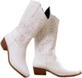 Cowgirl Boot for Women,Retro Classic Mid Calf Western Boots Embroidered Pointed Toe Chunky Block Heel Cowboy Boots
