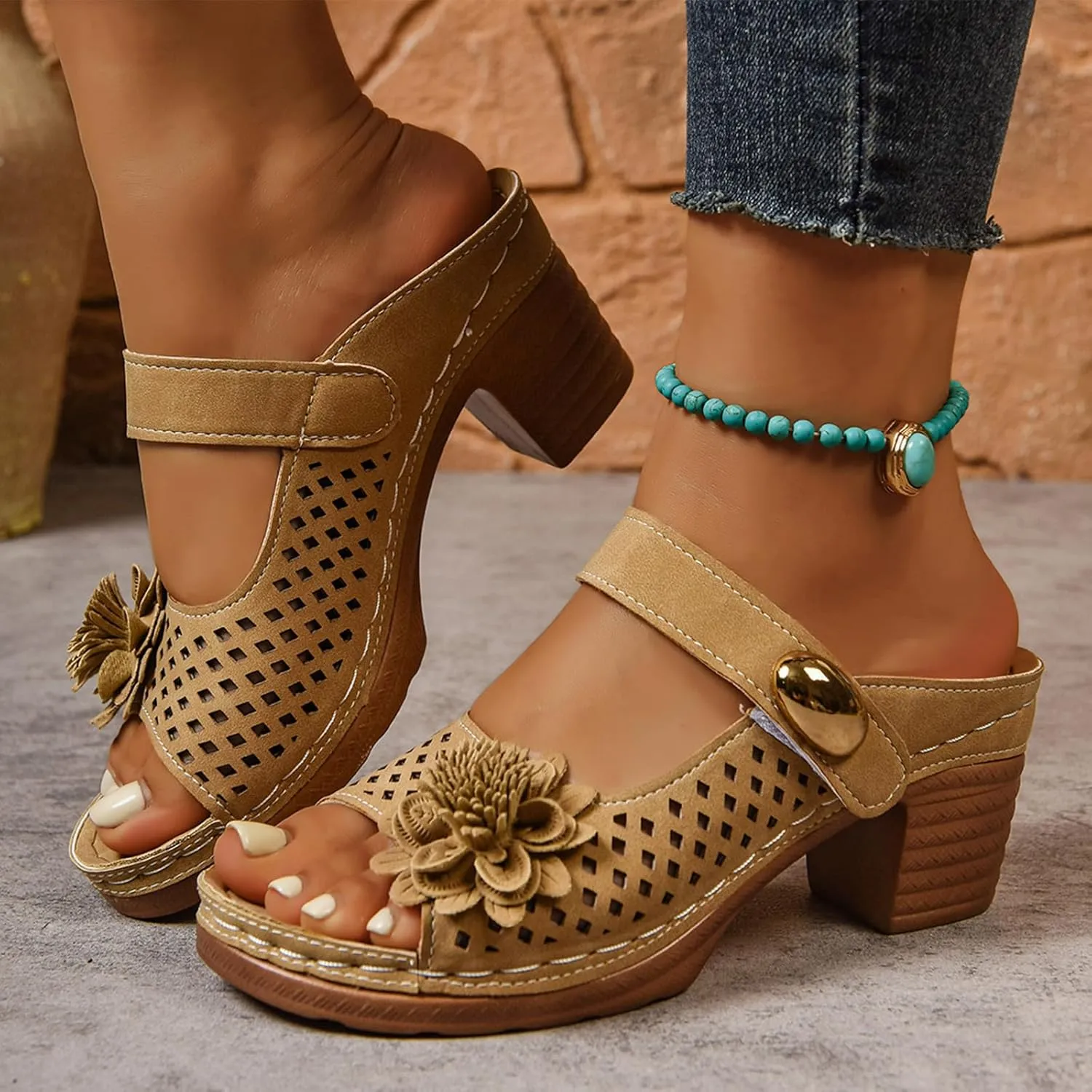 Fashionable Thick Heel Sandals For Women Thick Heel Fish Mouth One Word Flower Sandals Flip Flops Women