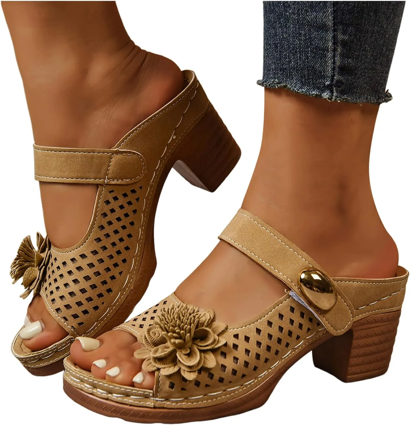 Fashionable Thick Heel Sandals For Women Thick Heel Fish Mouth One Word Flower Sandals Flip Flops Women