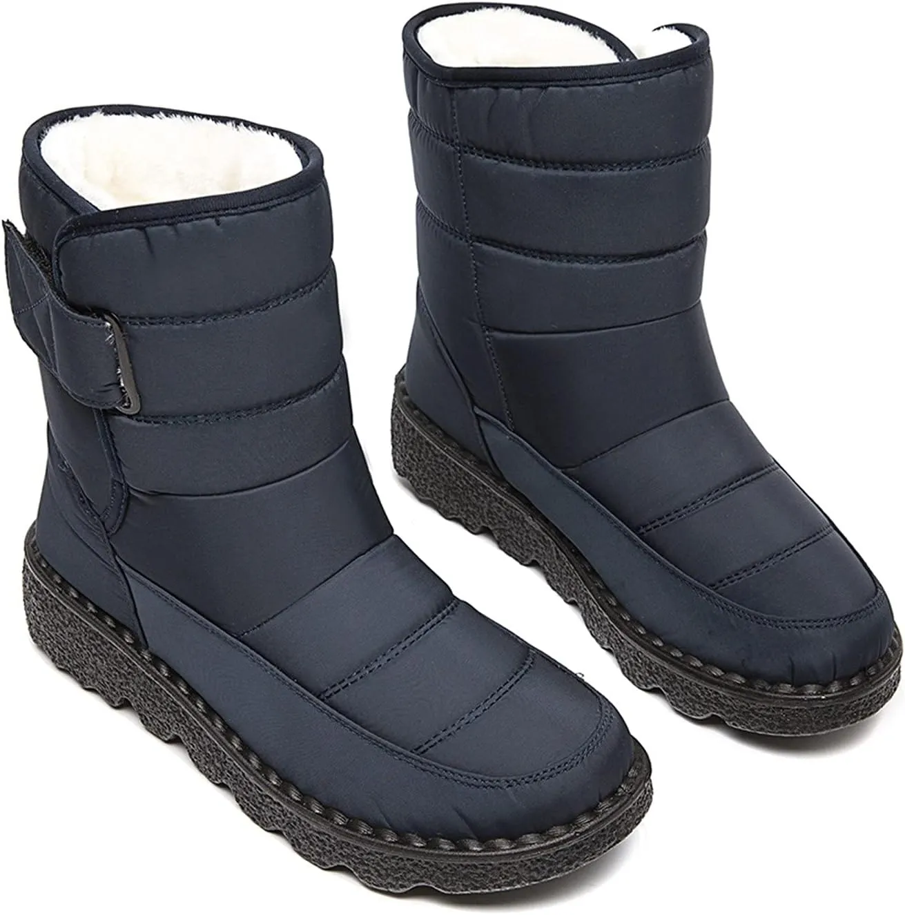 Fleece Lined Thick Mid-Calf Snow Boot for Women Outdoor Hiking Waterproof Cotton Chunky Heel Flat Boot with Buckle