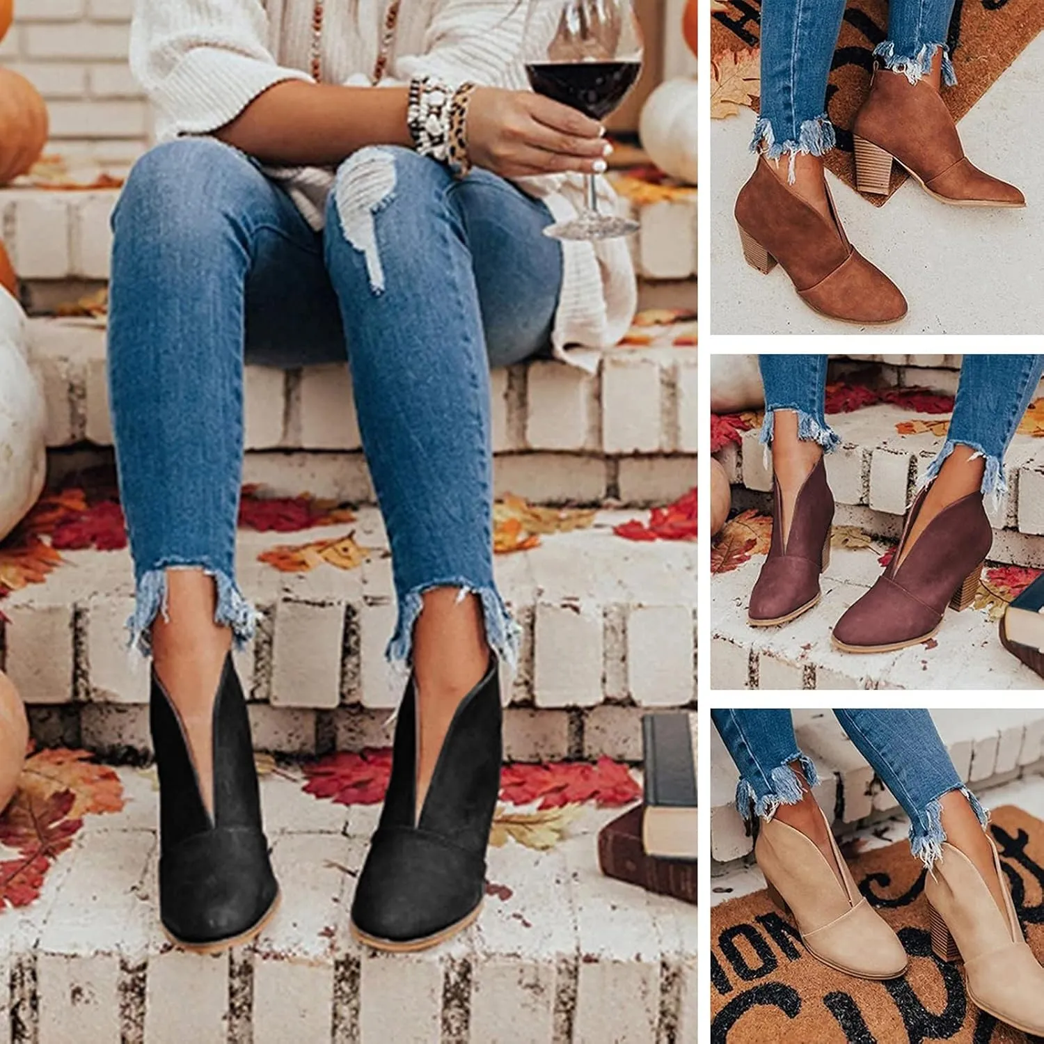 Gibobby Ankle Booties for Women Low Heel Dressy Fashion Pointed Toe Faux Stacked Chunky Heels Side Zipper Booties Shoes