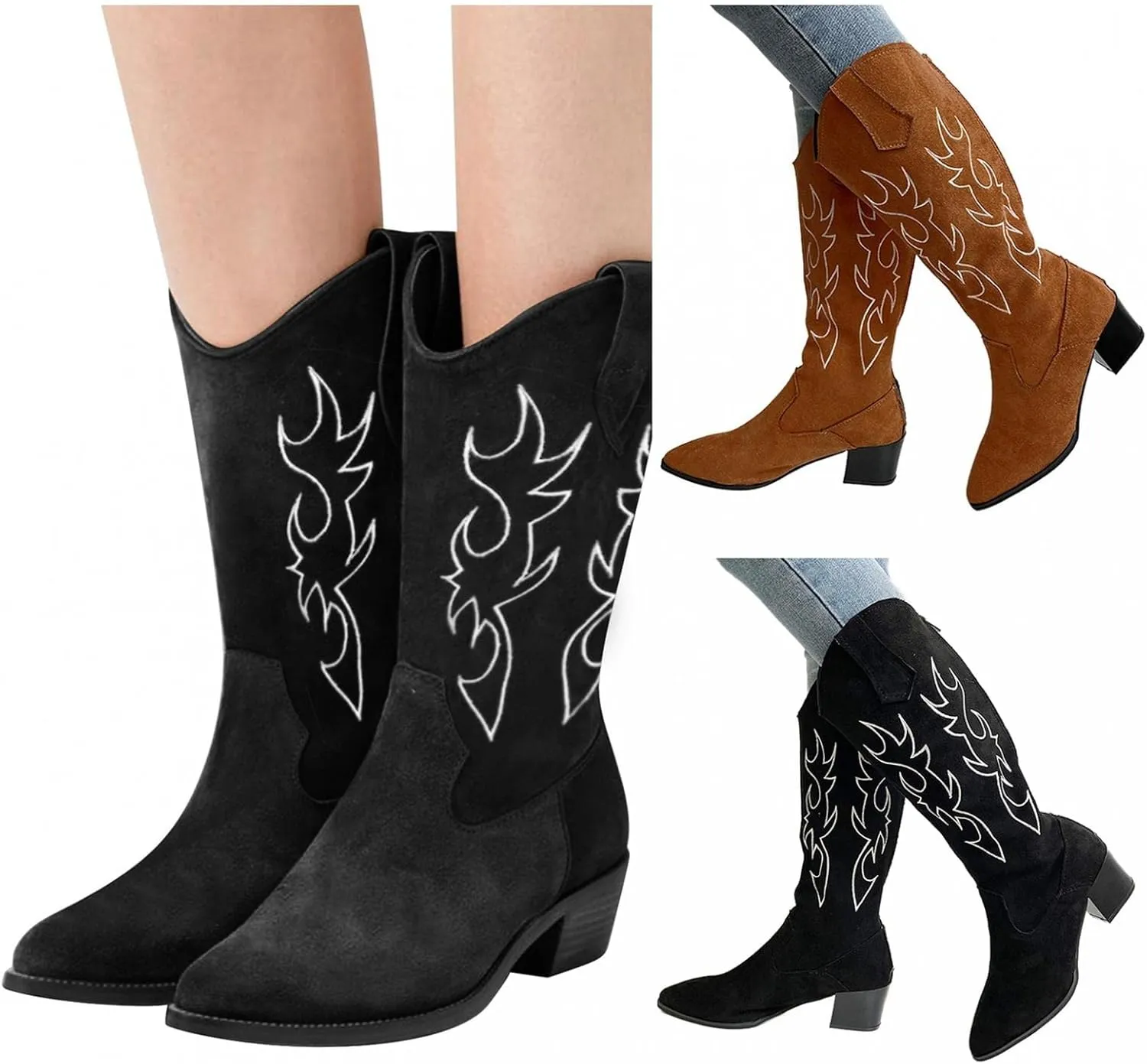 Gibobby Boots for Women Western Cowgirl Boots with Chunky Heel Ladies Snip Toe Mid-Calf Boots