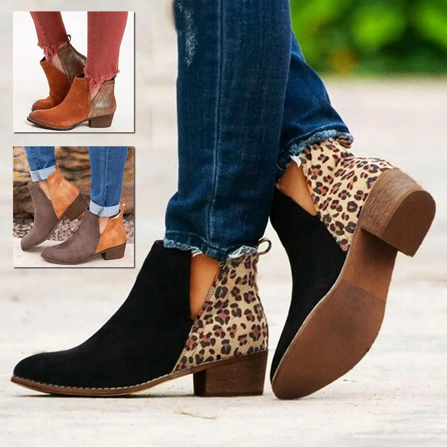 Gibobby Boots for Women Womens Ankle Boots Pointed Toe Faux Stacked Chunky Heels Leopard Side Zipper Booties