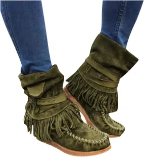 Gibobby Boots for Womens Mid Knee High Boots Low Heel Fringe Side Zipper Fashion Winter Shoes Cowboy Booties