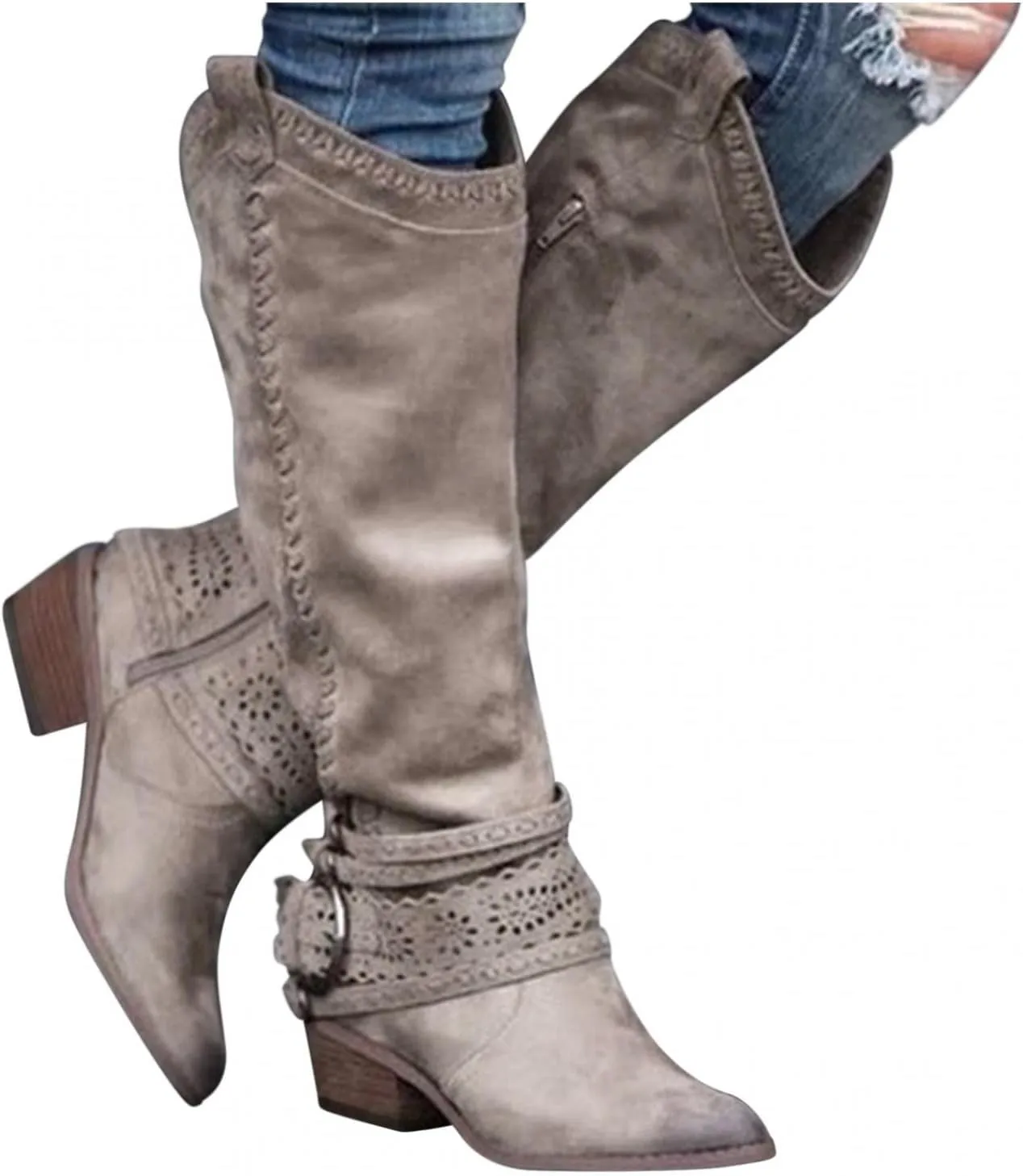 Gibobby Snow Boots for Women Mid Knee High Boots Chunky Heel Wide Calf Side Zipper Fashion Winter Cowboy Booties