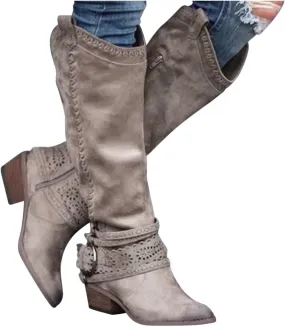 Gibobby Snow Boots for Women Mid Knee High Boots Chunky Heel Wide Calf Side Zipper Fashion Winter Cowboy Booties