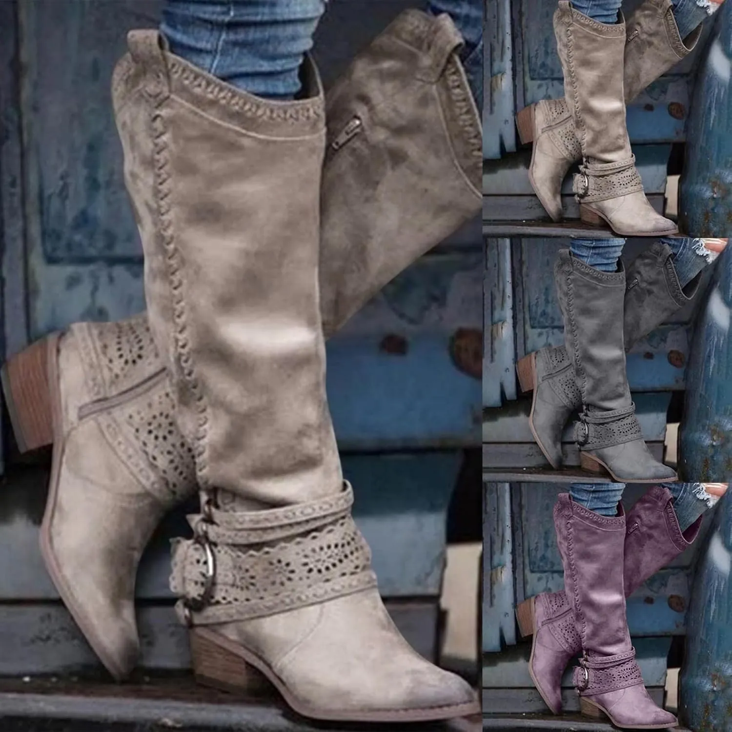Gibobby Snow Boots for Women Mid Knee High Boots Chunky Heel Wide Calf Side Zipper Fashion Winter Cowboy Booties