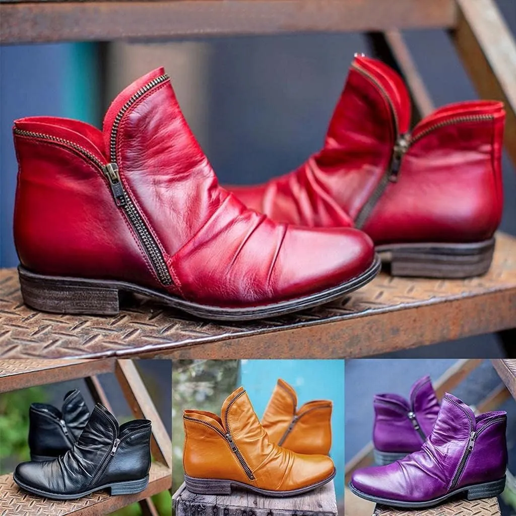 Gibobby Women Boots Low Heel Booties Pointed Toe Stacked Mid Heel Ankle Boots V Cut Back Zipper Booties