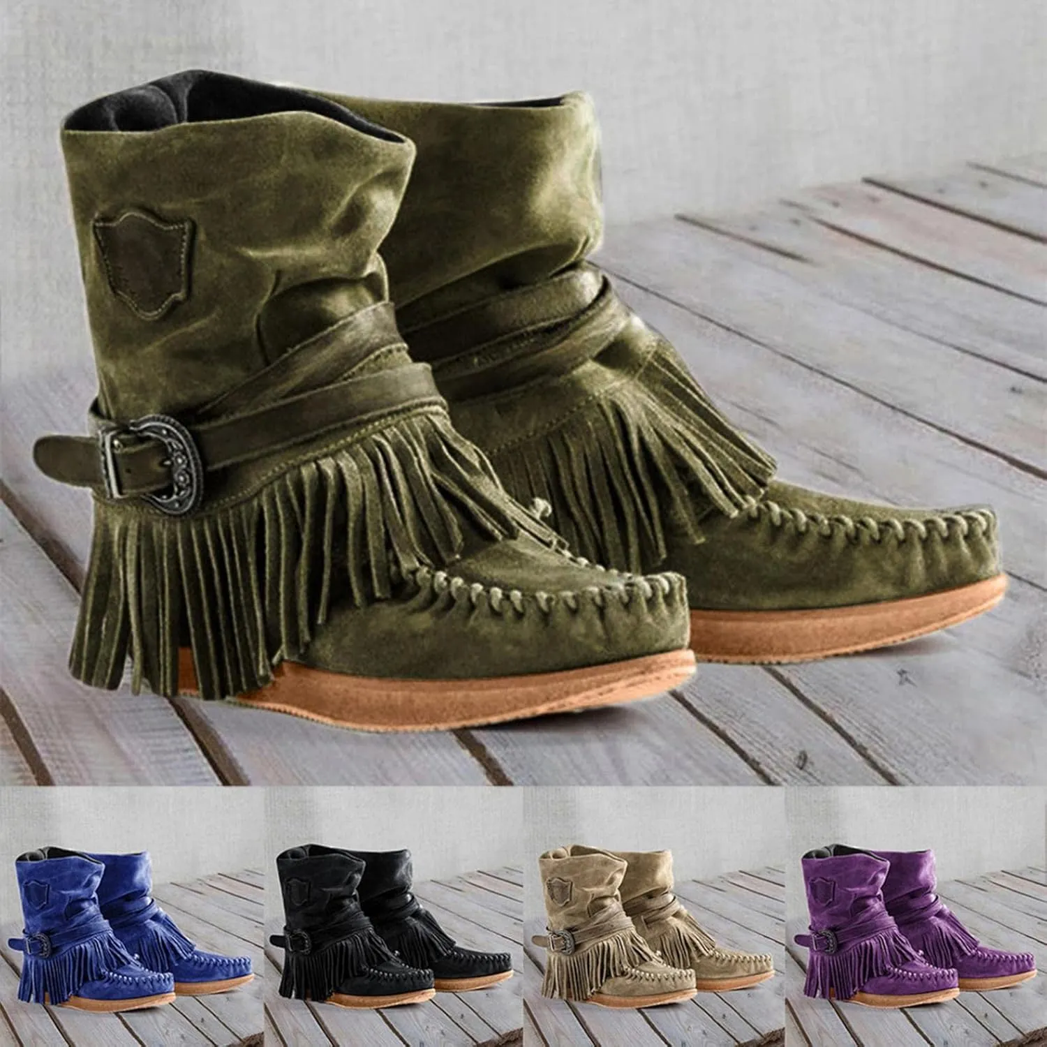 Gibobby Women Boots Mid Knee High Boots Low Heel Fringe Side Zipper Fashion Winter Shoes Cowboy Booties
