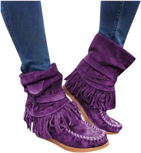 Gibobby Women Boots Mid Knee High Boots Low Heel Fringe Side Zipper Fashion Winter Shoes Cowboy Booties