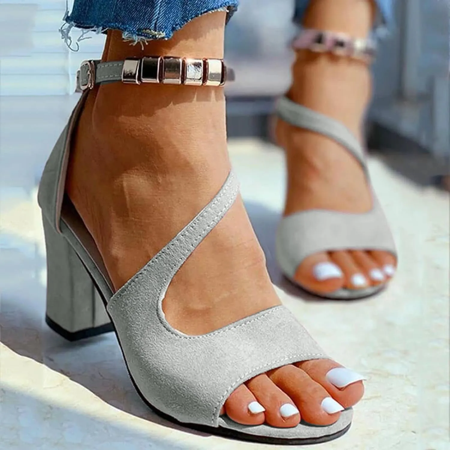 Gold Summer Sandals Women's Sandals Leather Fashion High-Heeled With Glittering Lime for Summer Stuff
