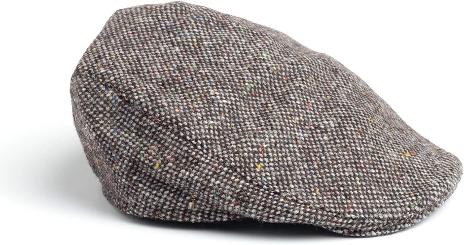 Hanna Hats Traditional Tweed Wool Donegal Touring Cap. Unisex Ivy Hat. Sewn Peak and Taffeta Lining. 100% Made in Ireland.