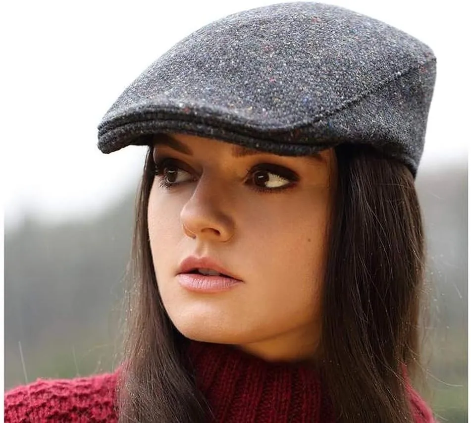 Hanna Hats Traditional Tweed Wool Donegal Touring Cap. Unisex Ivy Hat. Sewn Peak and Taffeta Lining. 100% Made in Ireland.