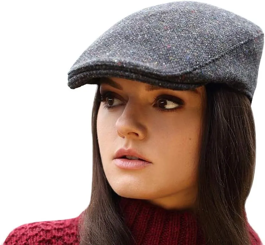 Hanna Hats Traditional Tweed Wool Donegal Touring Cap. Unisex Ivy Hat. Sewn Peak and Taffeta Lining. 100% Made in Ireland.
