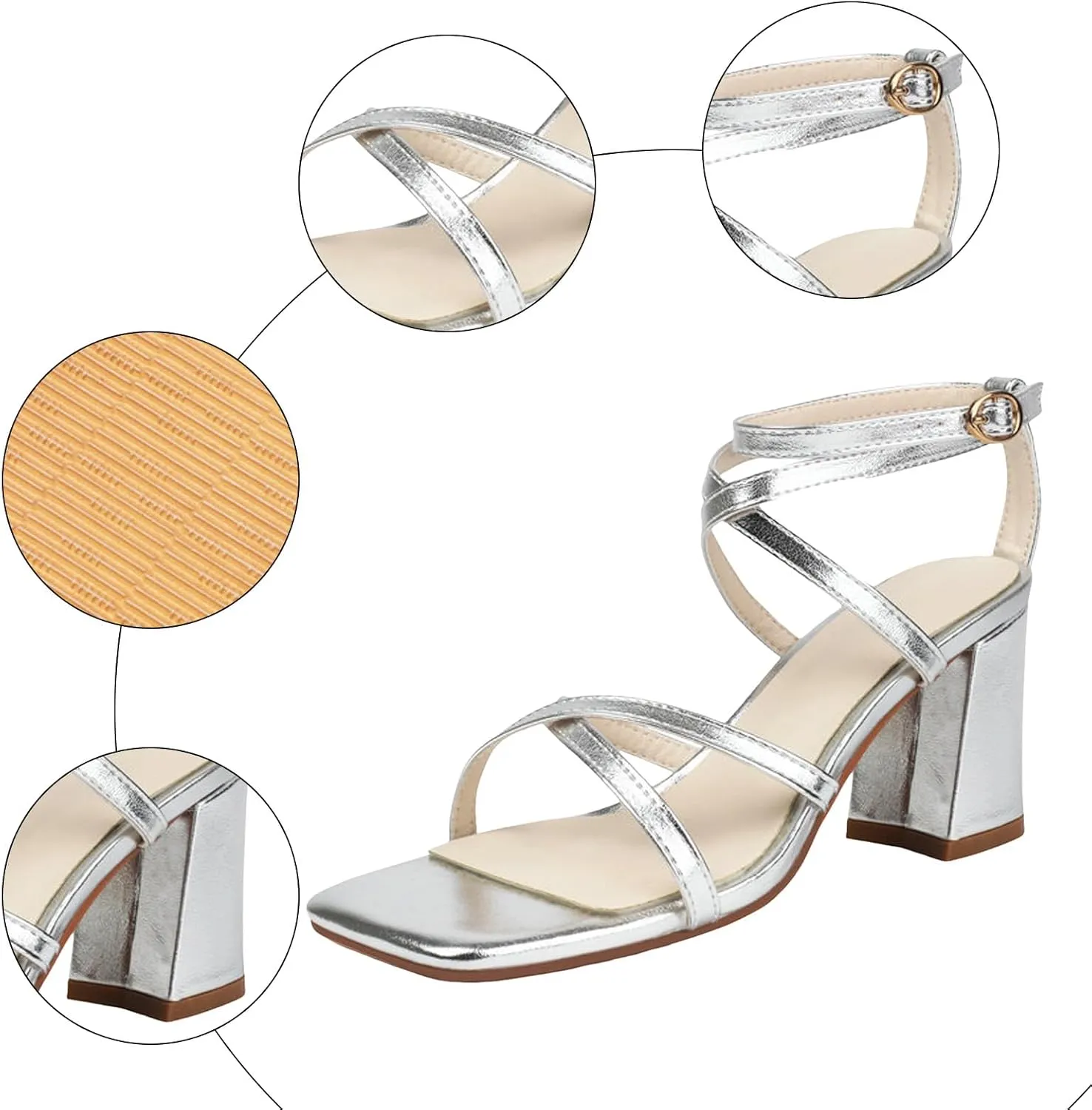 Heeled Sandal Low Block Chunky Chunky Heel Strap Ladies Shoes Fashion Casual Sequin Square Toe High Heel Hollow Outer