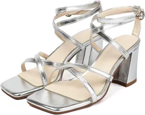 Heeled Sandal Low Block Chunky Chunky Heel Strap Ladies Shoes Fashion Casual Sequin Square Toe High Heel Hollow Outer