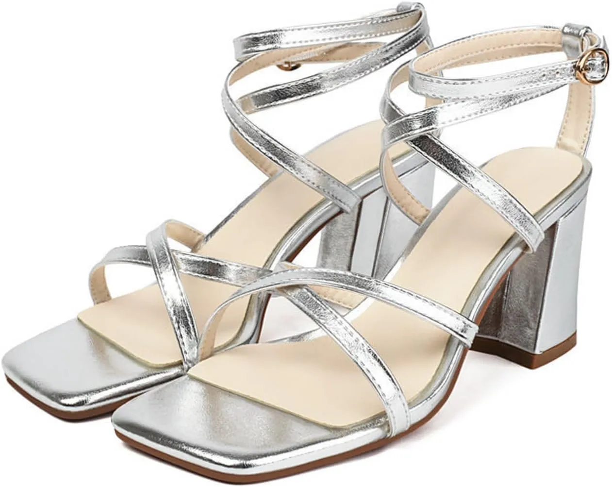 Heeled Sandal Low Block Chunky Chunky Heel Strap Ladies Shoes Fashion Casual Sequin Square Toe High Heel Hollow Outer