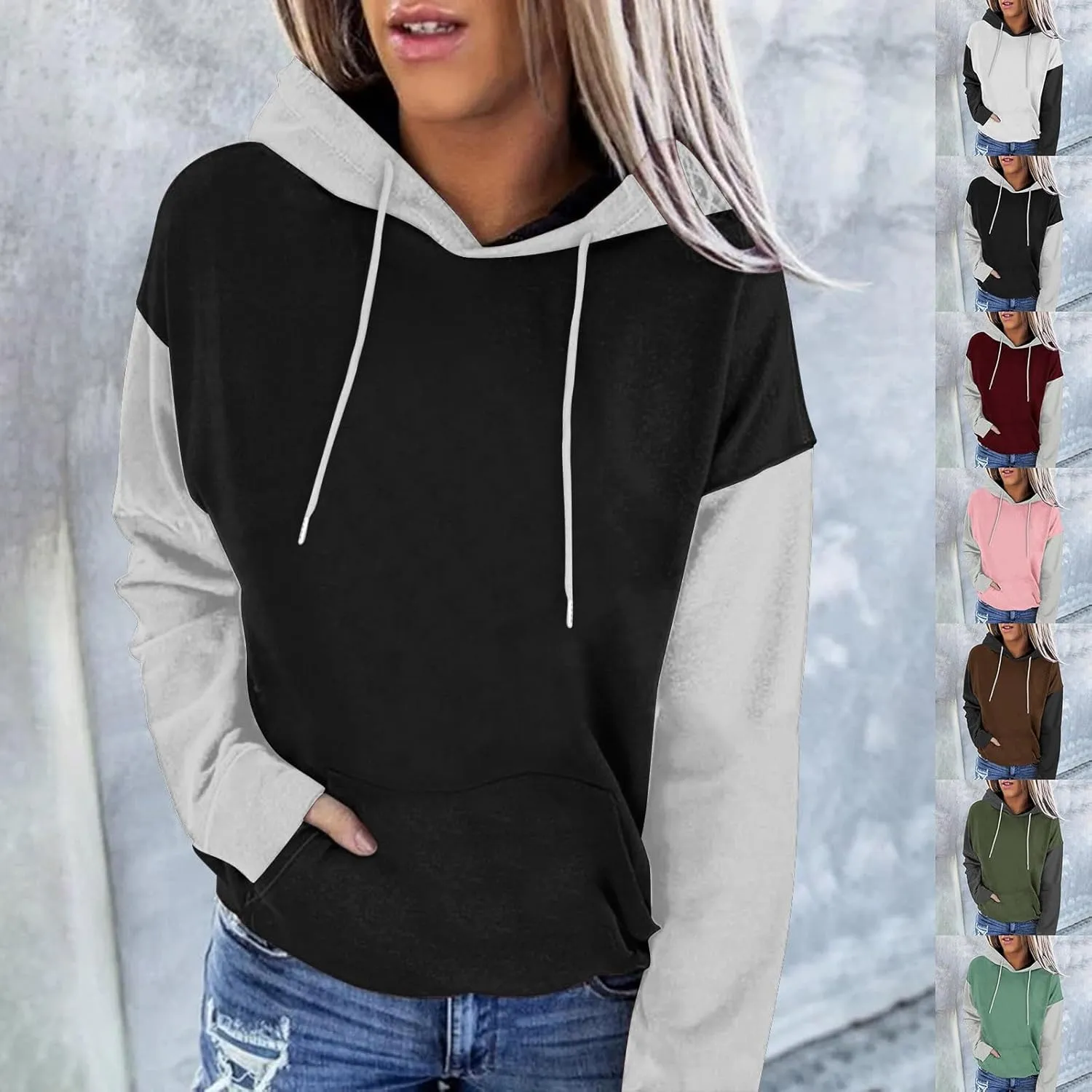 HGps8w Womens Colorblock Hoodies Sweatshirt Loose Drawstring Casual 2025 Fall Winter Pullovers Tops with Pocket