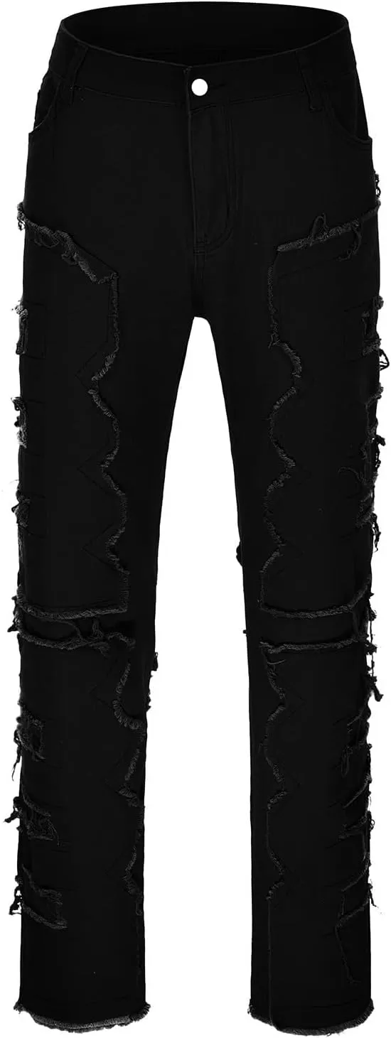 Jeans for Men Relaxed Fit Men's Black Stacked Jeans Ripped Jeans Regular Fit Patch Distressed Destroyed Denim