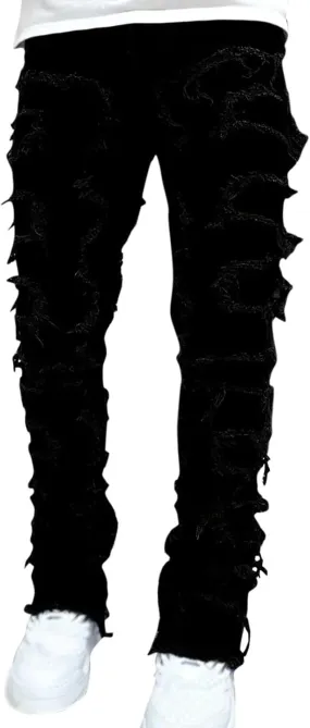 Jeans for Men Relaxed Fit Men's Black Stacked Jeans Ripped Jeans Regular Fit Patch Distressed Destroyed Denim