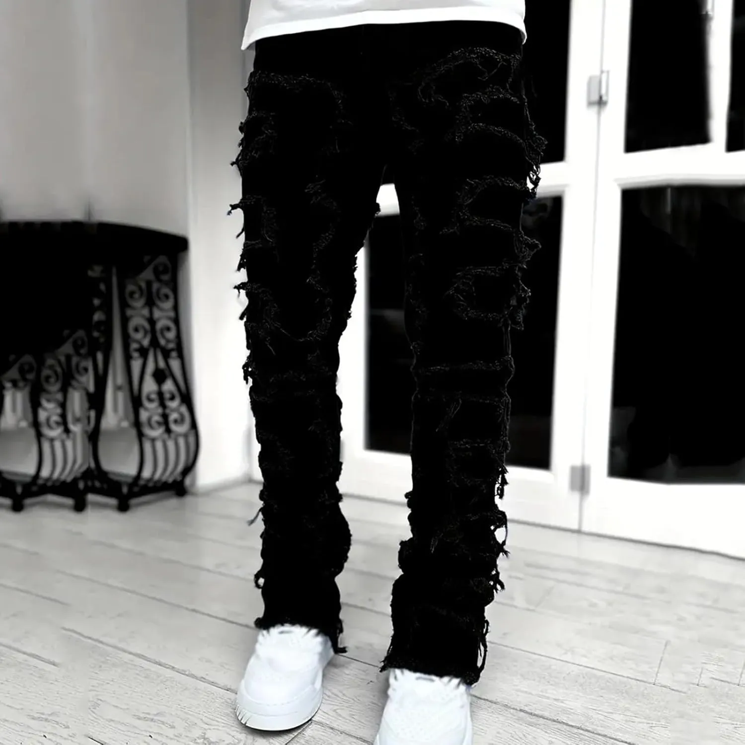 Jeans for Men Relaxed Fit Men's Black Stacked Jeans Ripped Jeans Regular Fit Patch Distressed Destroyed Denim
