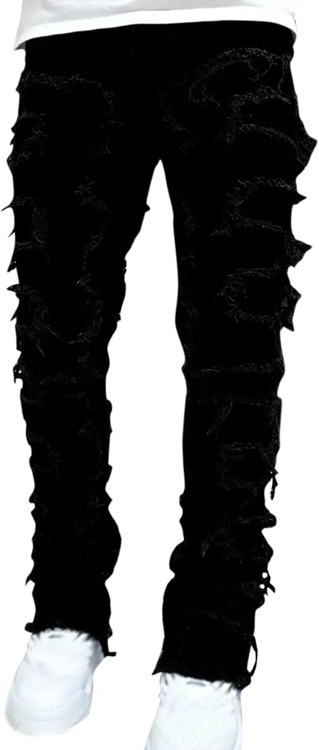 Jeans for Men Relaxed Fit Men's Black Stacked Jeans Ripped Jeans Regular Fit Patch Distressed Destroyed Denim