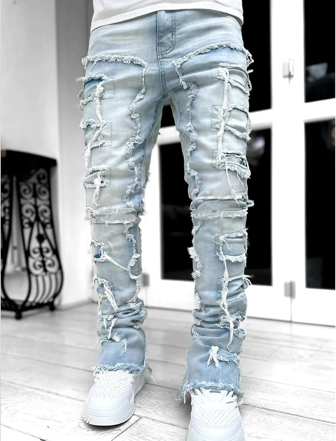 Jeans Men Stacked Jeans Ripped Jeans Comfort Skinny Biker Denim Pants Patch Distressed Destroyed Denim Trousers