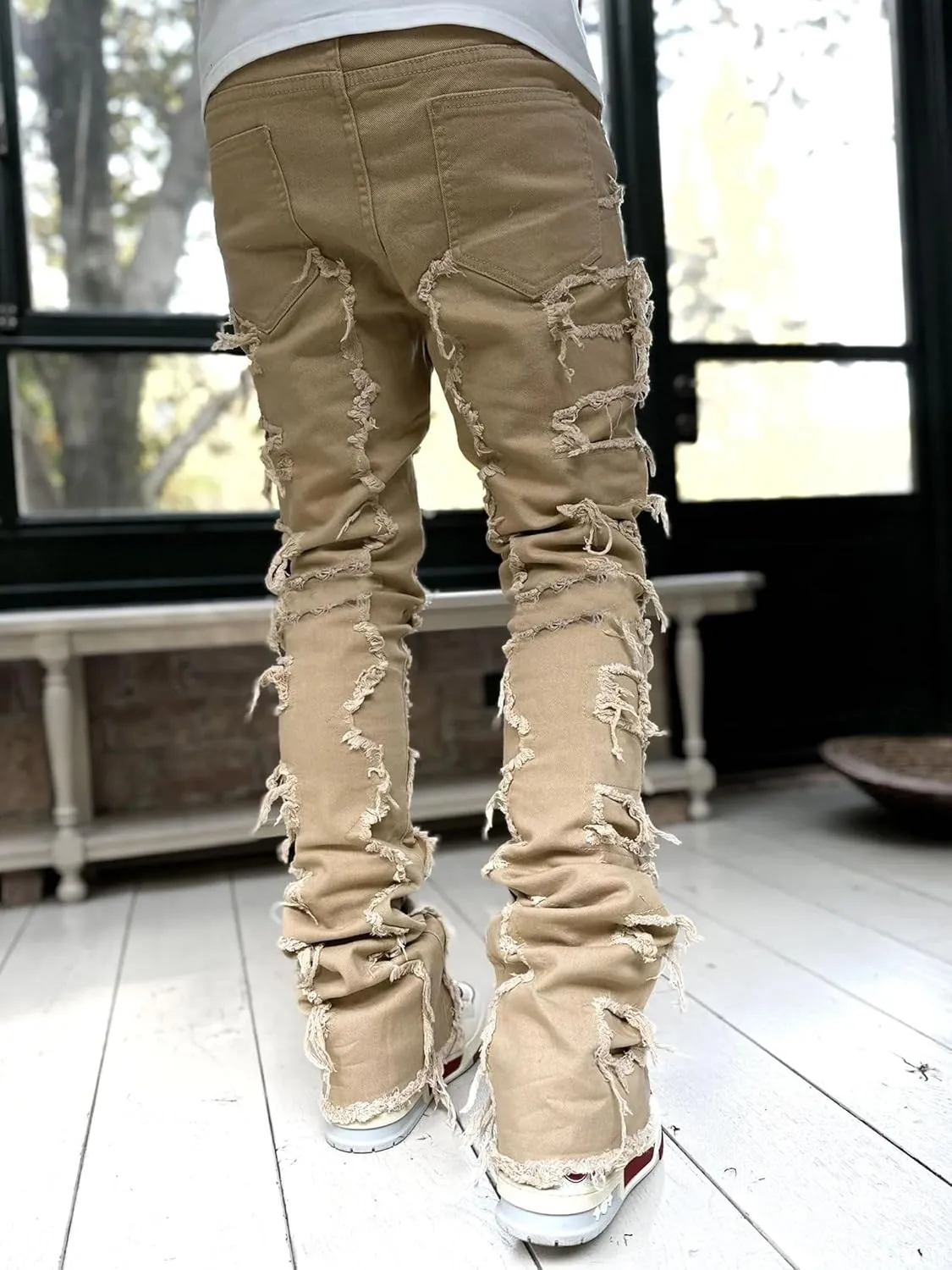 Jeans Men Stacked Jeans Ripped Jeans Comfort Skinny Biker Denim Pants Patch Distressed Destroyed Denim Trousers