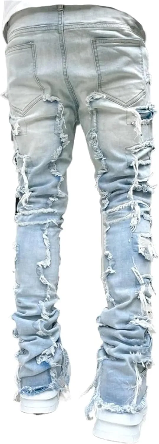 Jeans Men Stacked Jeans Ripped Jeans Comfort Skinny Biker Denim Pants Patch Distressed Destroyed Denim Trousers