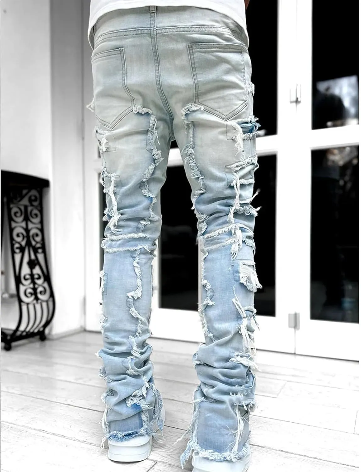 Jeans Men Stacked Jeans Ripped Jeans Comfort Skinny Biker Denim Pants Patch Distressed Destroyed Denim Trousers