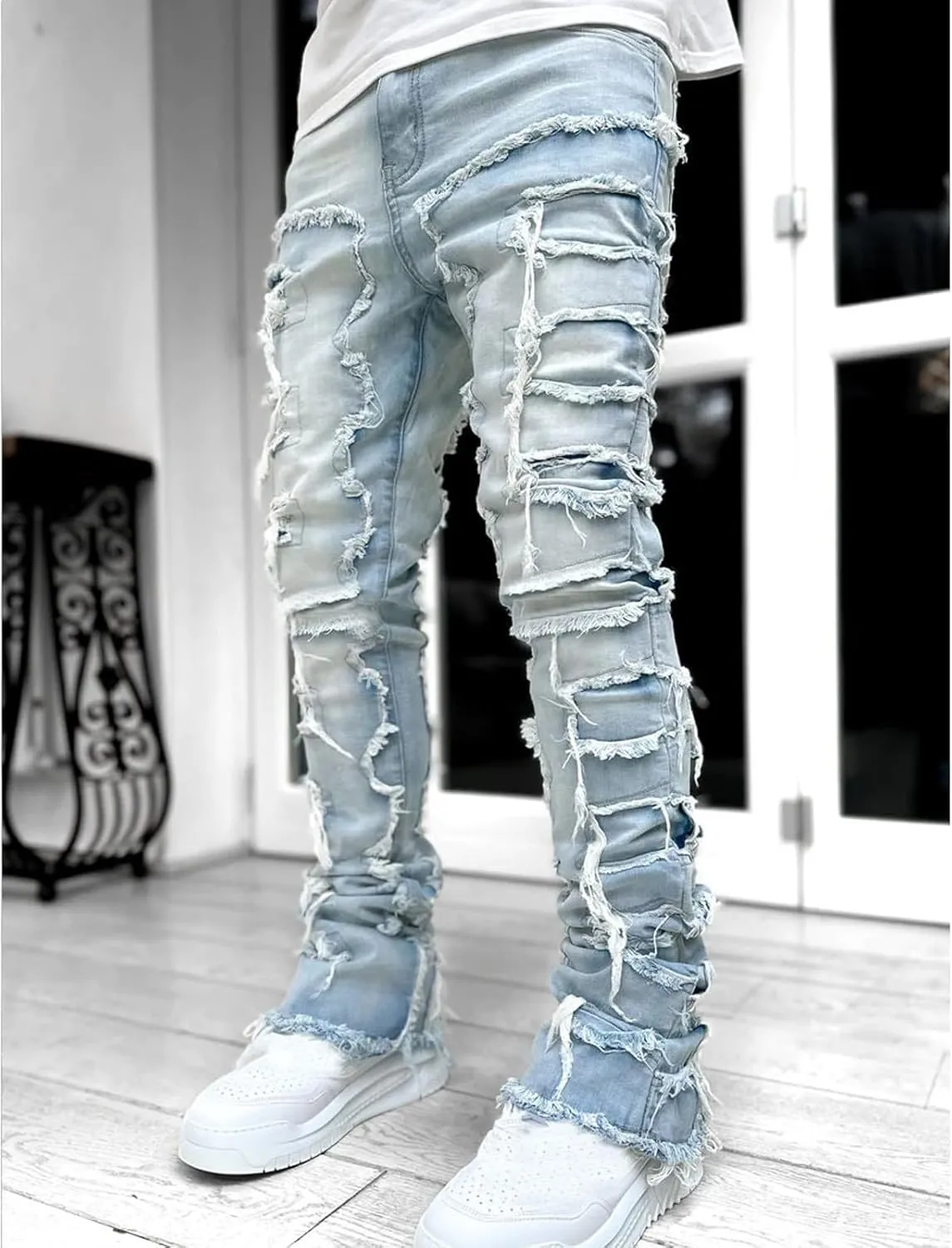 Jeans Men Stacked Jeans Ripped Jeans Comfort Skinny Biker Denim Pants Patch Distressed Destroyed Denim Trousers