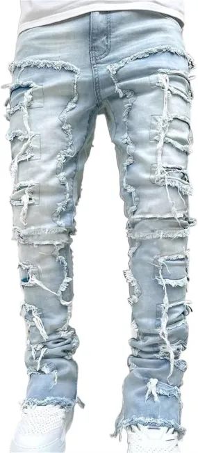 Jeans Men Stacked Jeans Ripped Jeans Comfort Skinny Biker Denim Pants Patch Distressed Destroyed Denim Trousers